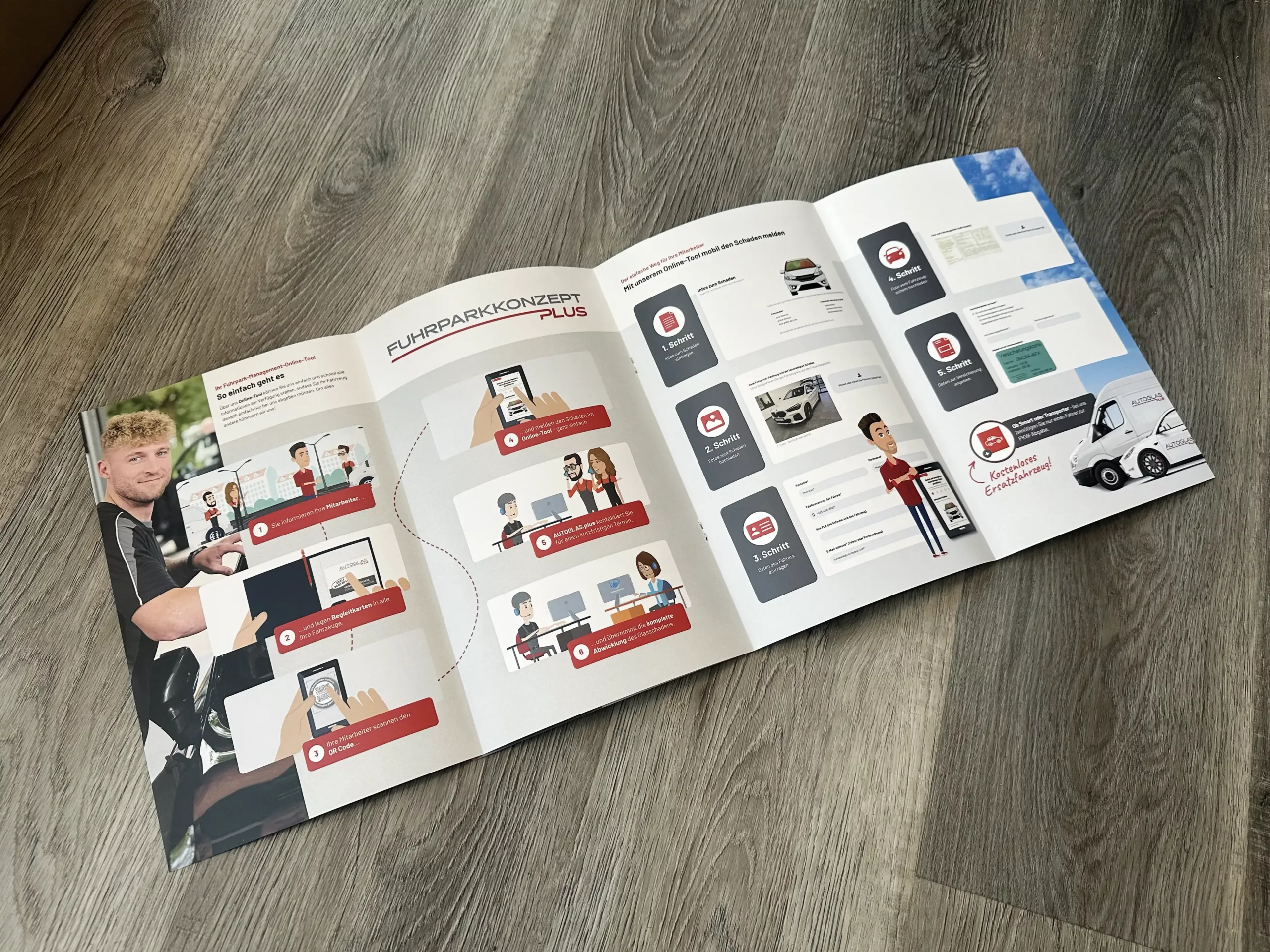 Eine aufgeschlagene Broschüre mit Grafiken und Fotos, die einen schrittweisen Prozess im Zusammenhang mit dem Fuhrparkmanagement veranschaulicht und auf einem Holzboden liegt.