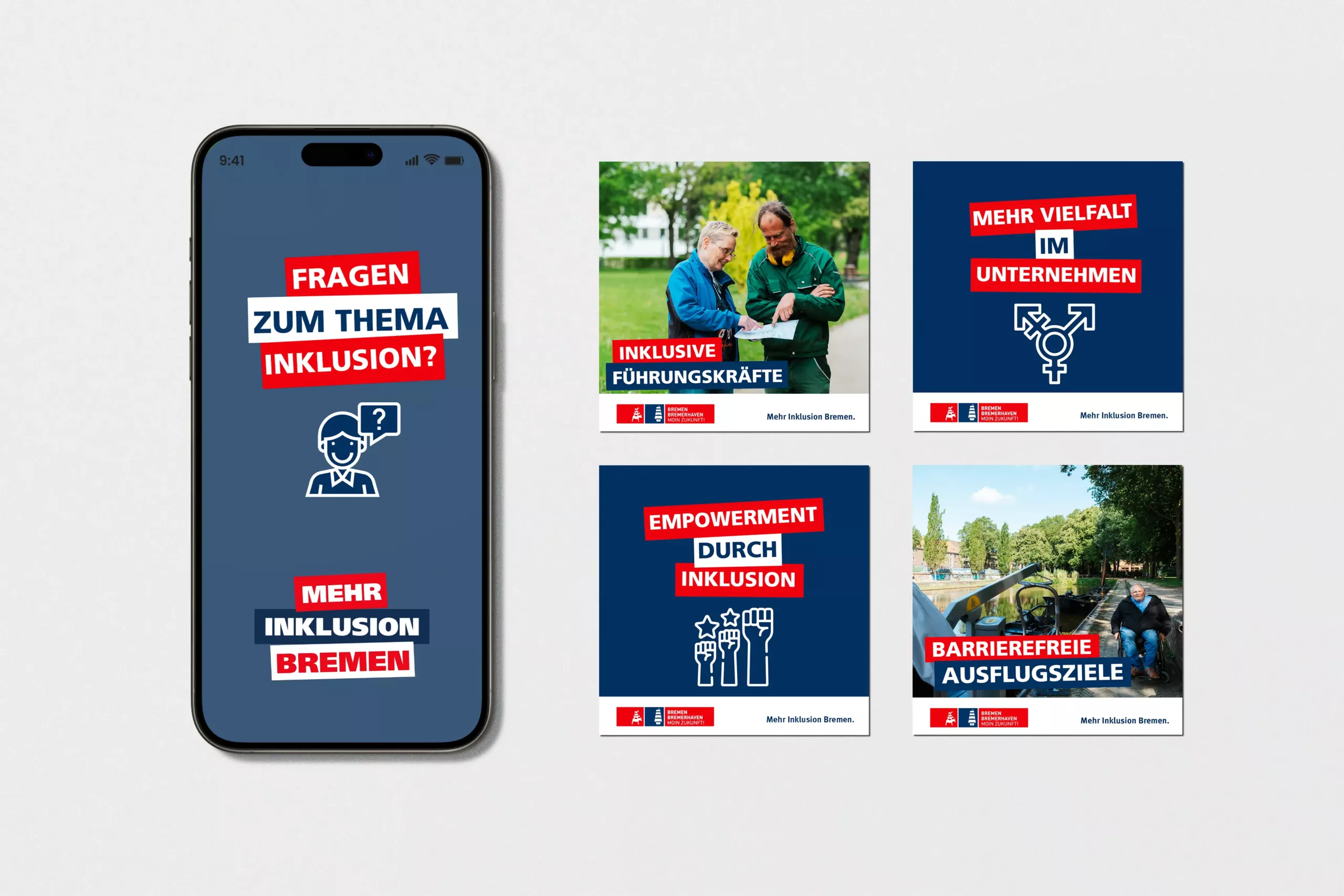 Ein Smartphone und vier quadratische Grafiken zeigen deutsche Texte zu den Themen Inklusion, Führungsvielfalt, Empowerment, Vielfalt am Arbeitsplatz und barrierefreie Exkursionen, jeweils mit fetten roten und weißen Akzenten.