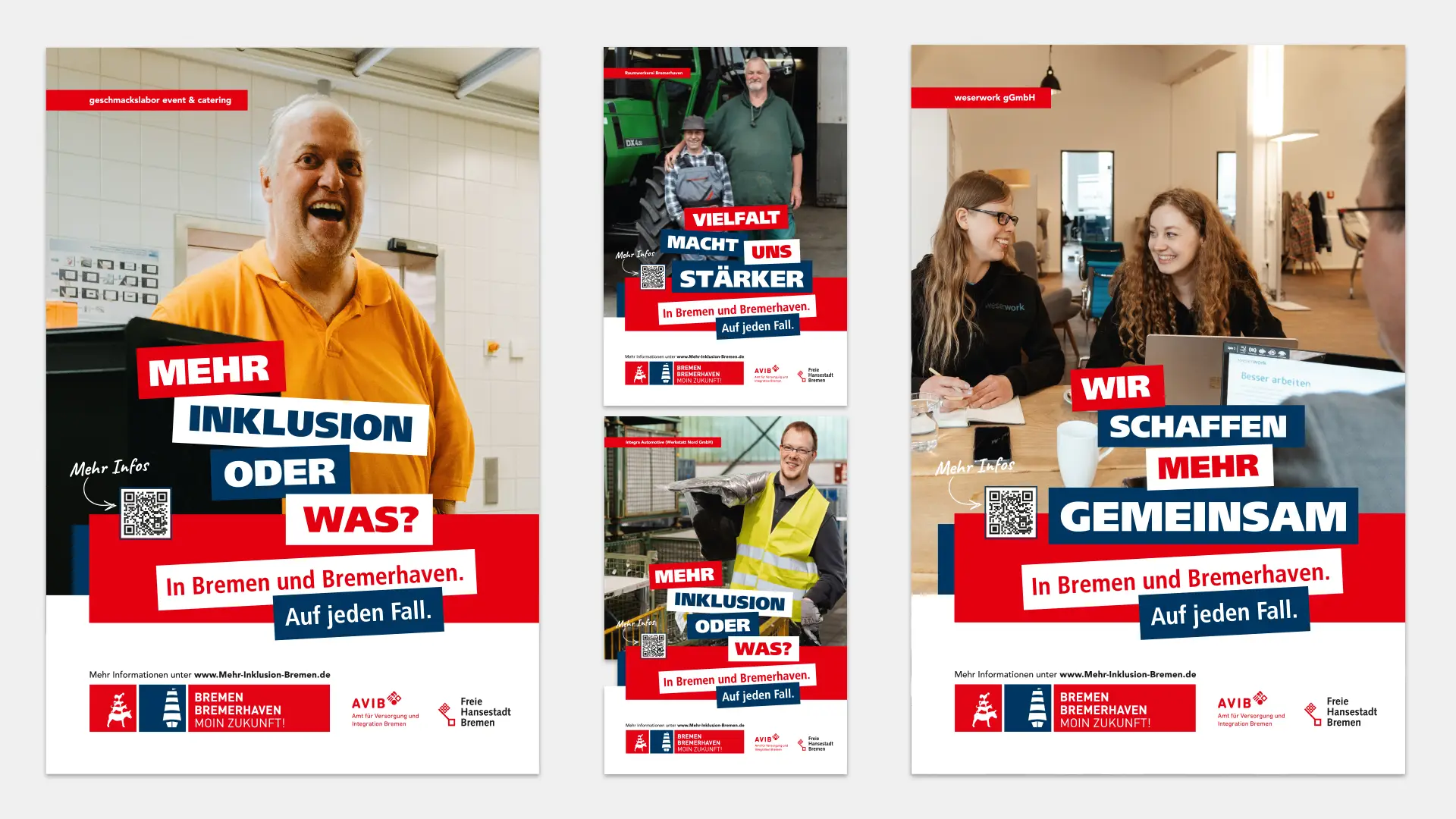 Vier Werbeplakate, auf denen lächelnde und arbeitende Menschen zu sehen sind, mit deutschem Text, der für Inklusion, Vielfalt und Teamarbeit in Bremen und Bremerhaven wirbt.