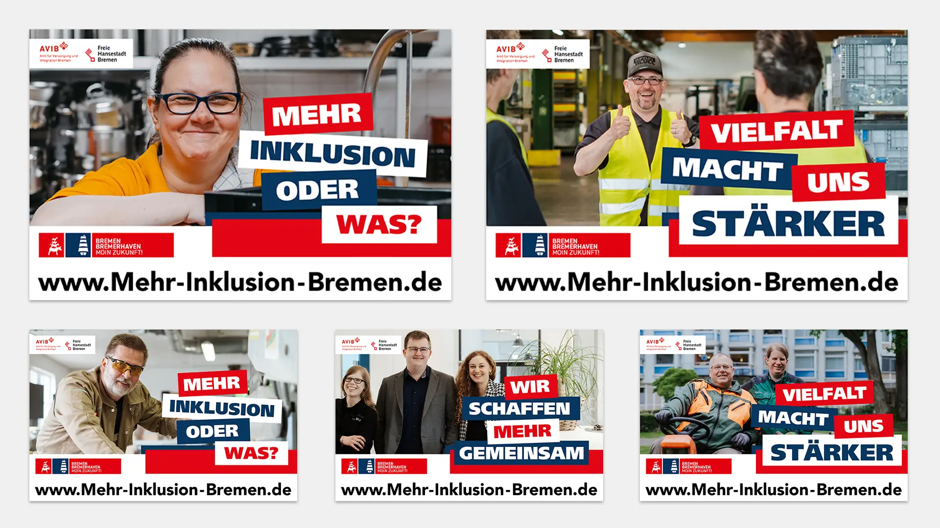 Fünf Werbeplakate, die Menschen bei der Arbeit zeigen, mit deutschem Text, der für Integration und Vielfalt wirbt, und die Website www.Mehr-Inklusion-Bremen.de, die auf jedem Plakat zu sehen ist.