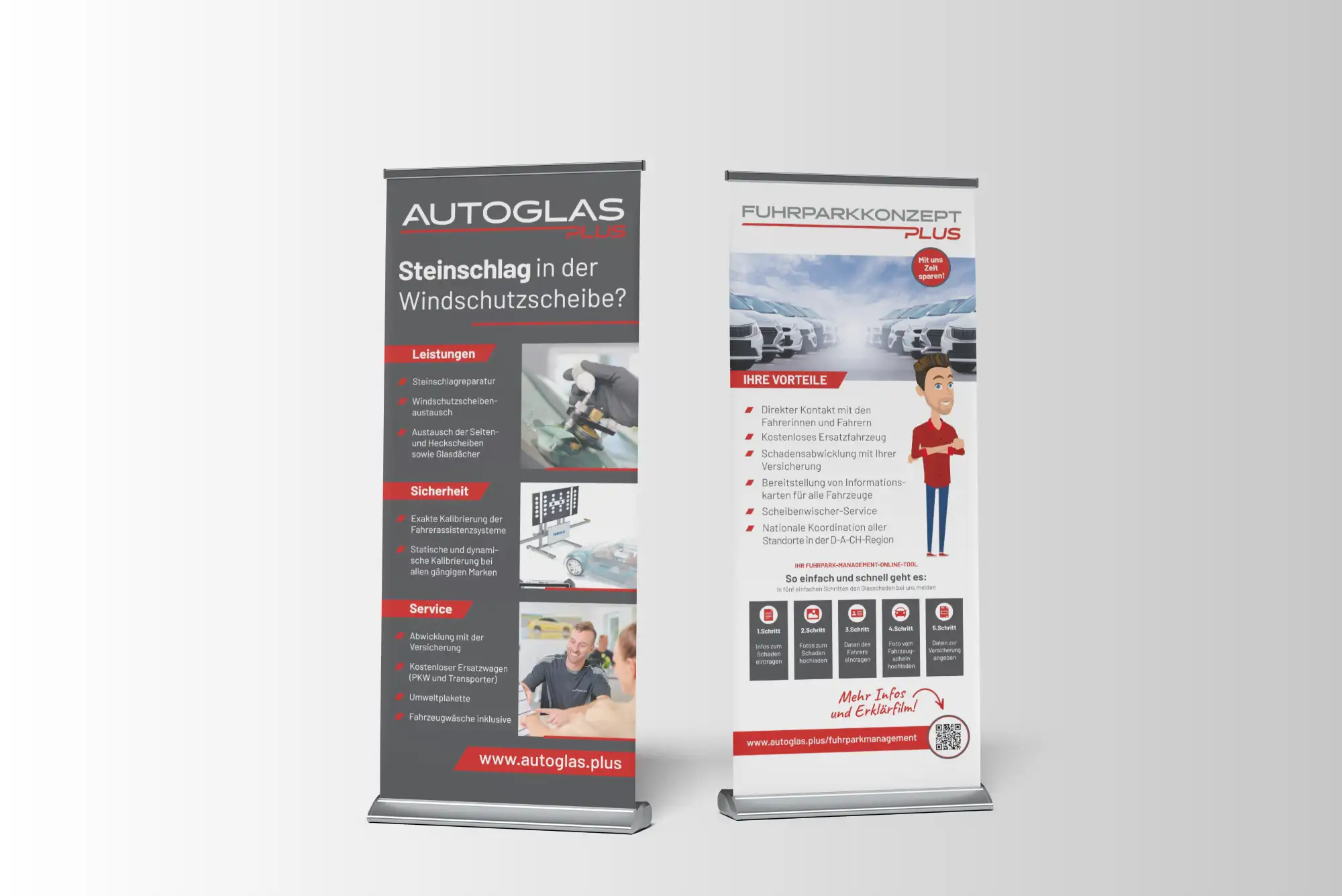 Zwei vertikale Banner zeigen Informationen über Autoglasreparaturen und Fuhrparkmanagementdienste mit Text, Checklisten, Bildern von Autos und einer Zeichentrickfigur.