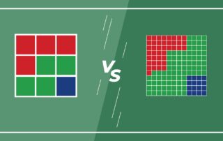Zwei Gitter nebeneinander: Das linke ist ein einfaches 3x3-Gitter mit roten, grünen und blauen Quadraten, das rechte ist ein detailliertes größeres Gitter mit mehr roten, grünen und blauen Quadraten. "VS" in der Mitte.