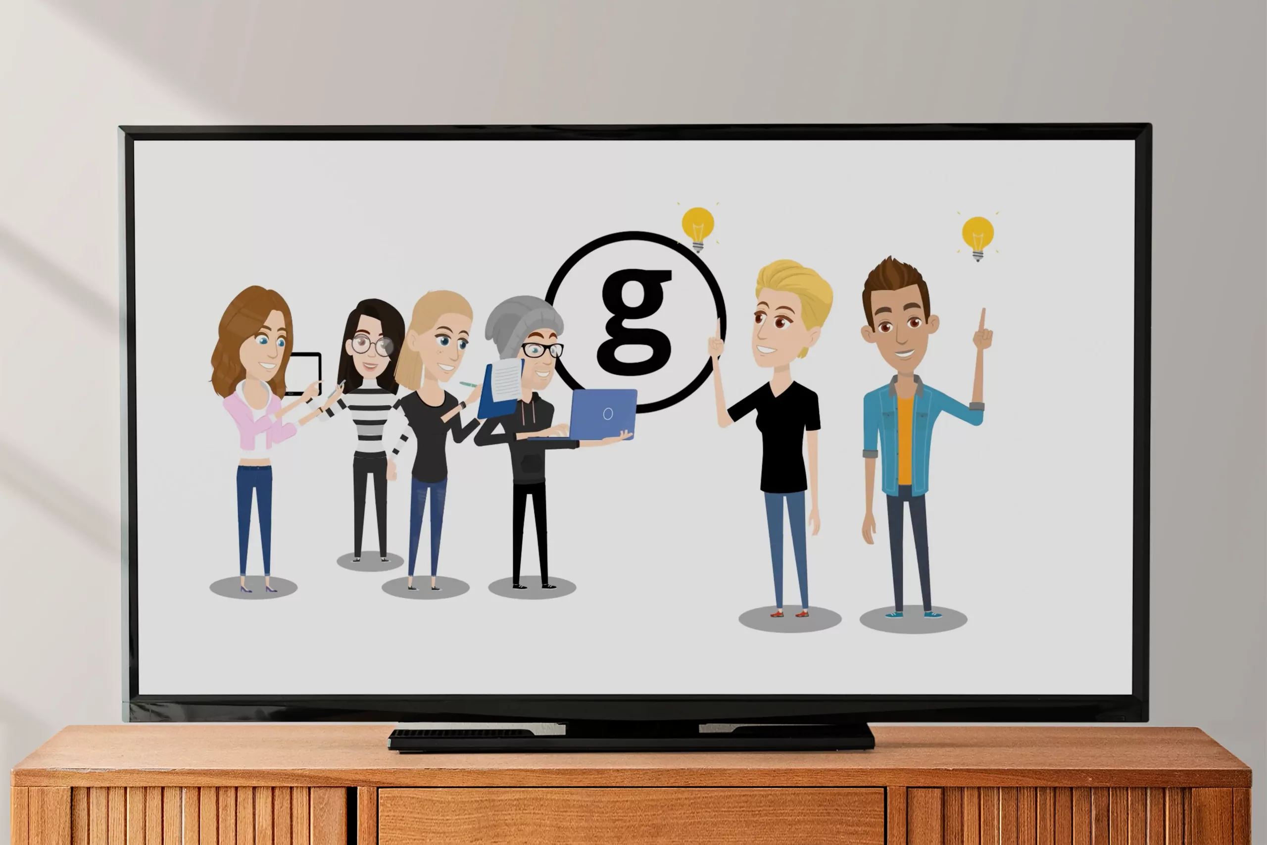 Auf einem Fernsehbildschirm sind animierte Figuren zu sehen: eine Fünfergruppe auf der linken Seite mit einem Laptop und zwei auf der rechten Seite, die Glühbirnen halten, mit einem großen "g"-Symbol in der Mitte.