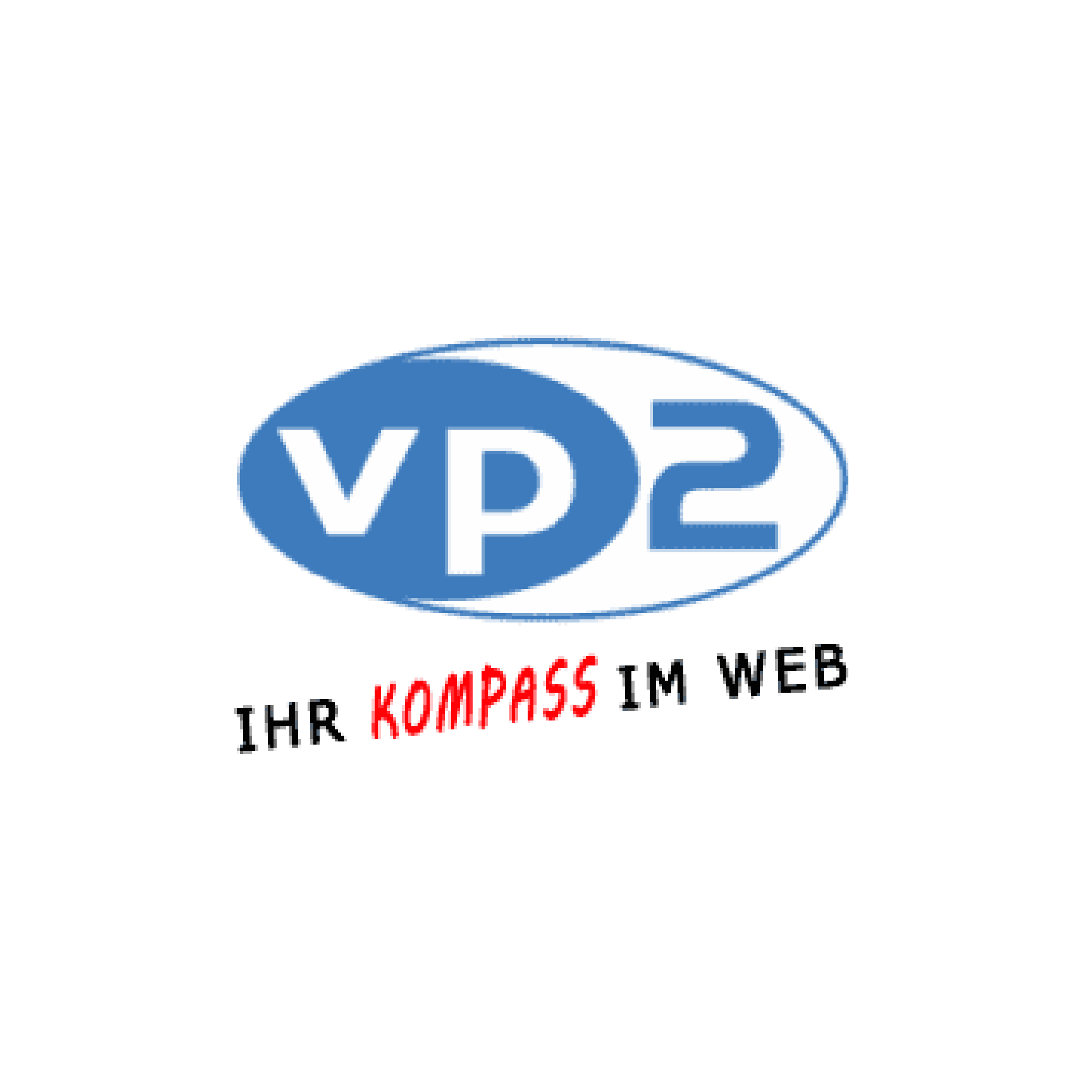 Logo mit blauem Text "VP2" in einem Oval und dem Schriftzug "Ihr Kompass im Web" darunter, wobei "Kompass" in rot und der Rest in schwarz gehalten ist.