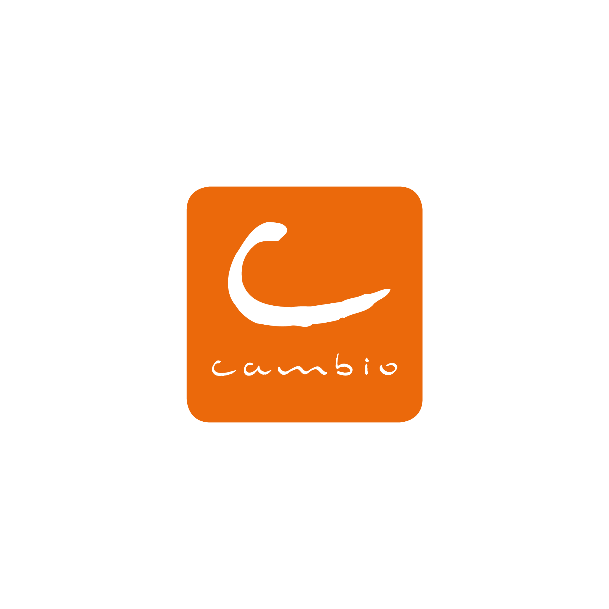 Ein orangefarbenes Quadrat mit einem stilisierten weißen "C" über dem Wort "cambio" in Kleinbuchstaben auf weißem Hintergrund.