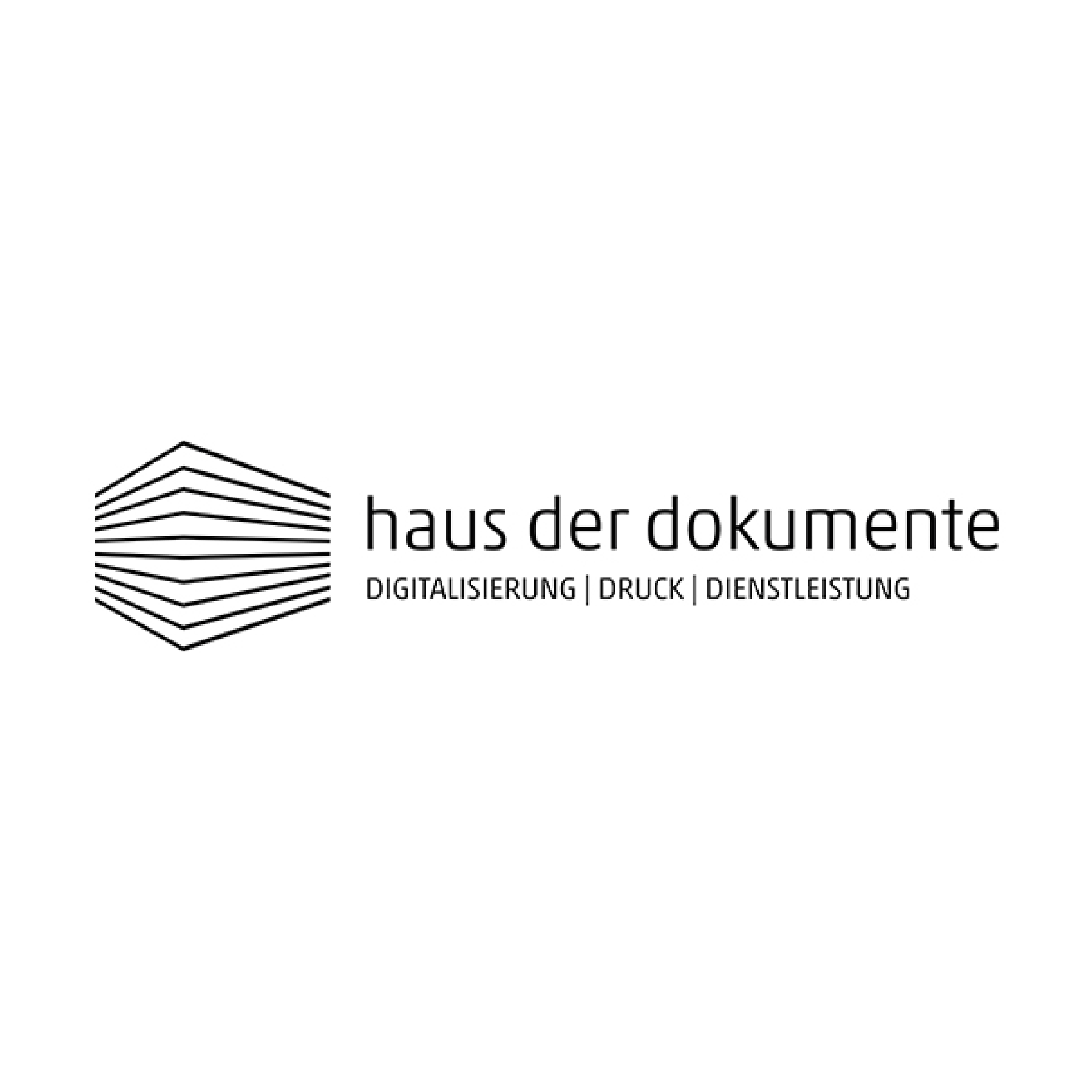 Logo mit einem stilisierten Stapel von Dokumenten neben dem Text "haus der dokumente" und kleinerem Text "DIGITALISIERUNG | DRUCK | DIENSTLEISTUNG".