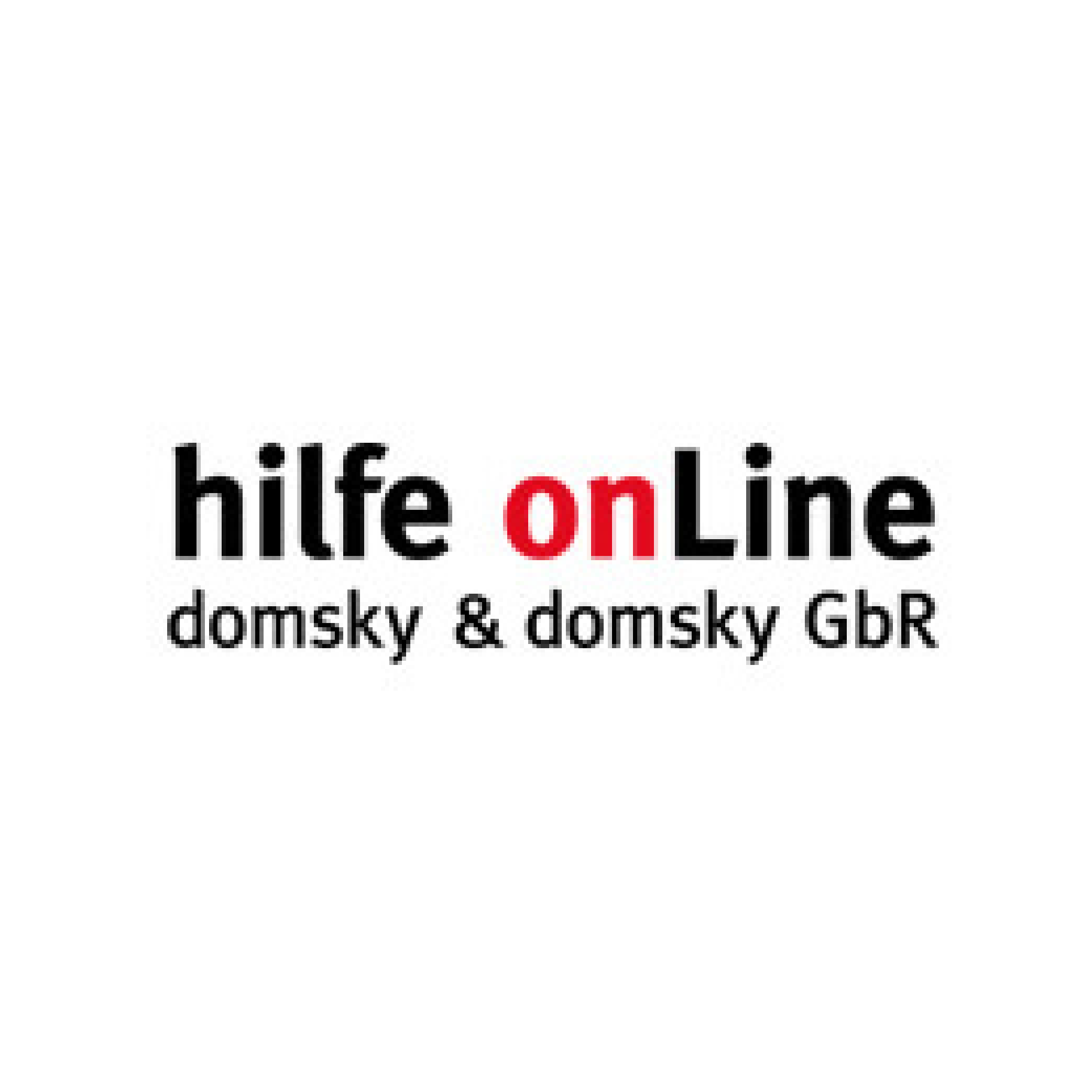 Logo mit dem Text "hilfe onLine" in schwarz, außer "on" in rot; darunter steht in kleineren schwarzen Buchstaben "domsky & domsky GbR".