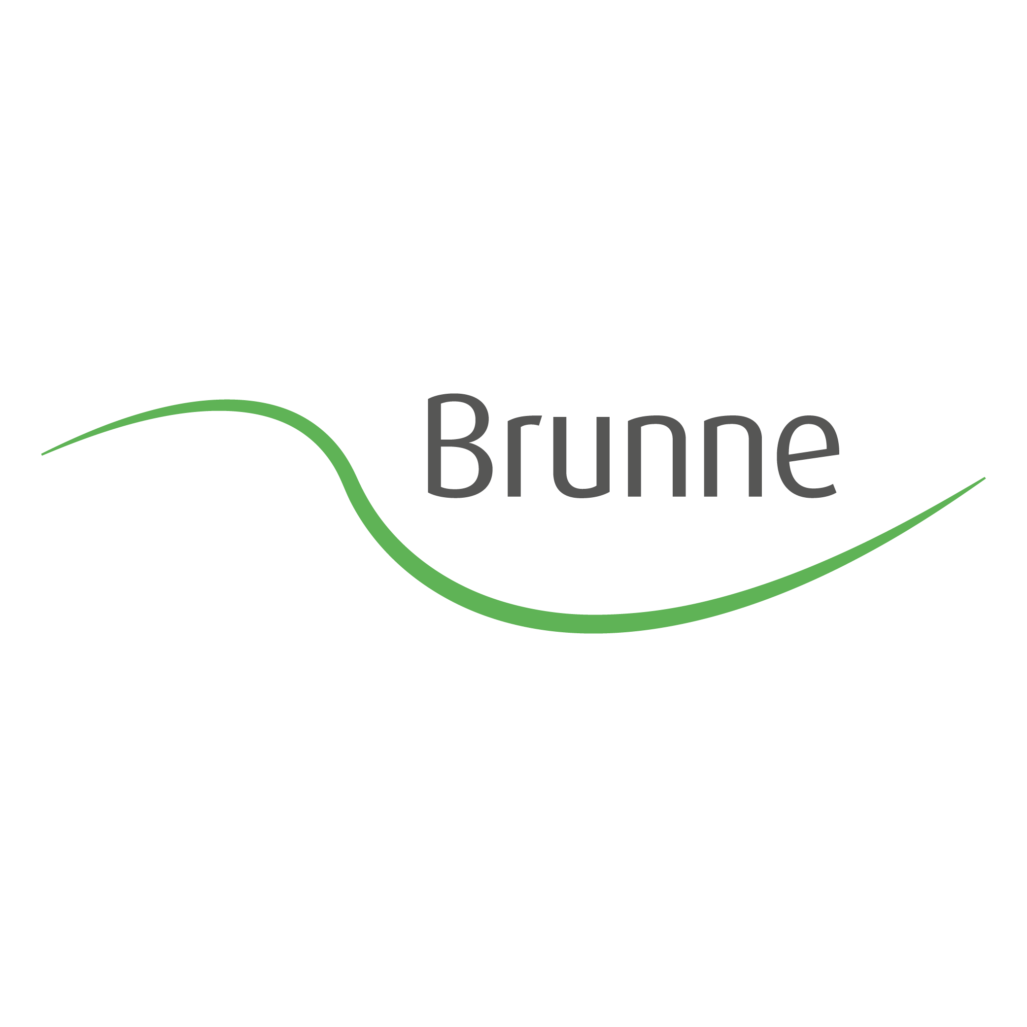 Das Wort "Brunne" in grauer Schrift steht zentriert über einer geschwungenen grünen Linie auf weißem Hintergrund.