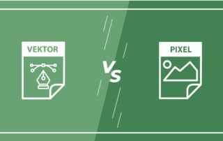 Eine grüne Grafik vergleicht Vektor- und Pixelbilder, wobei links ein Vektor und rechts ein Pixel steht, getrennt durch ein VS in der Mitte.