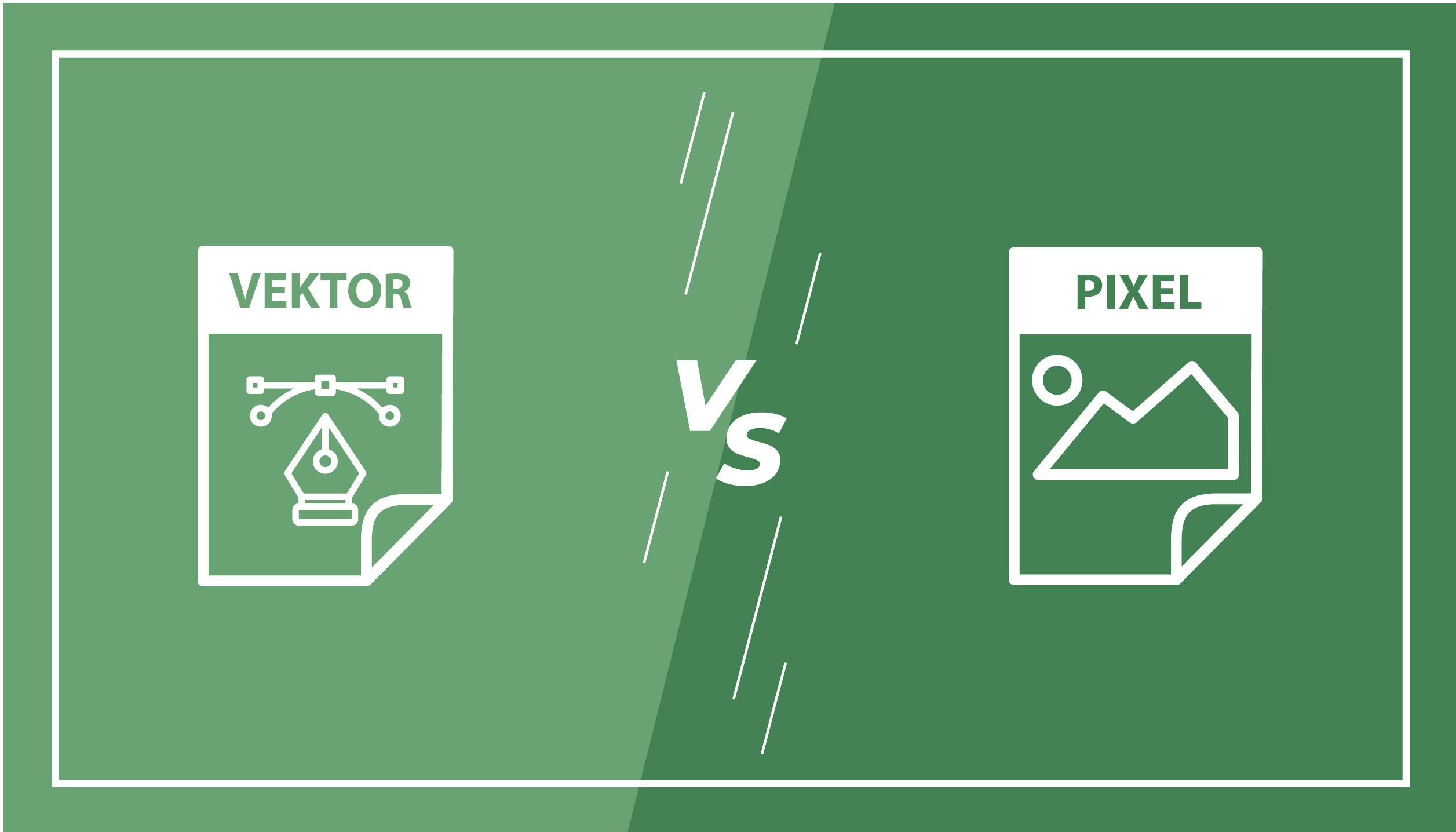 Eine grüne Grafik vergleicht Vektor- und Pixelbilder, wobei links ein Vektor und rechts ein Pixel steht, getrennt durch ein VS in der Mitte.