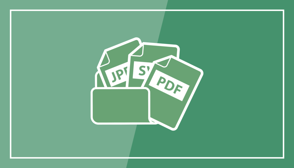 Eine Illustration eines Ordners, der drei Dokumente mit den Bezeichnungen JPG, SVG und PDF auf einem grünen Hintergrund enthält.