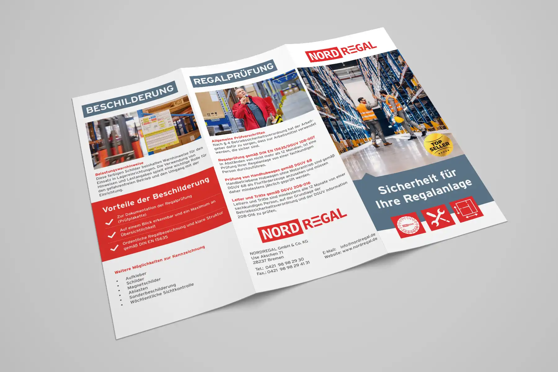 Eine dreifach gefaltete Broschüre für Nord Regal zeigt Informationen und Bilder über Regalinspektion, Etikettierung und Lagersicherheitslösungen in deutscher Sprache.